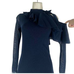 FUZZI Neck Tie Midi Dress Mesh Stretch Ruffle Navy Blue - Size XL